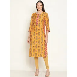 Be Indi Women Round Neck Ethnic Motifs Straight Chanderi Silk Side Slits Regular Kurta-picture-21