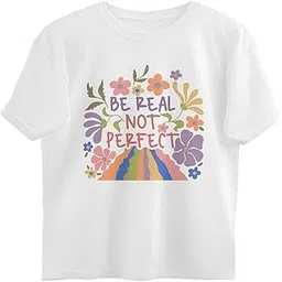 Be Real Not Perfect Graphic T-Shirt, Unisex Cotton Tee with Floral Rainbow Design, Round Neck Short Sleeve, White, Black, Dusty Rose, Off-White-picture-49