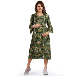 Be You Floral Printed Round Neck Bell Sleeves Maternity Fit & Flare Midi Dress-picture-35