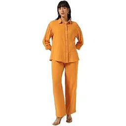 beatnik Collared Shirt with Trousers Women's Orange Co-ord Set | Stylish Two-Piece Outfit Co-ord Set for Women-picture-14