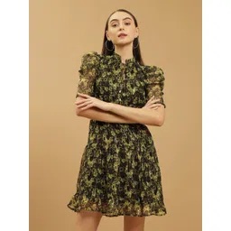 Beatnik Floral Printed Tie Up Neck Puff Sleeves Fit & Flare Mini Dress-picture-16