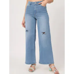 Beatnik Women Wide Leg High-Rise Slash Knee Light Fade Stretchable Cotton Jeans-picture-39