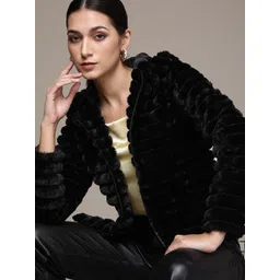 bebe Women Black Self Design Faux Fur Trim Hooded Tailored Jacket-picture-25