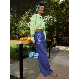 bebe Women Daylight Blue Season Staples High-Rise Pleated Trousers-picture-32