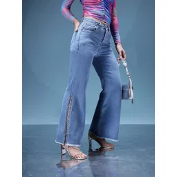 bebe Women Denim Daze Beaded High-Rise Wide Leg Jeans with High Slits-picture-21