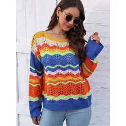 bebe Women Open Knit Self Design Round Neck Pullover Sweater-picture-31