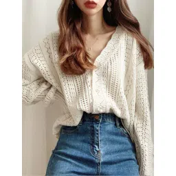 bebe Women Self Design Long Sleeve V-Neck Cotton Cardigan-picture-17