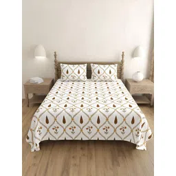 BED-SHEET.COM Gold & White Ethnic Motifs 240 TC Cotton King Bedsheet with 2 Pillow Covers-picture-32