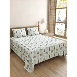BED-SHEET.COM White & Green Ethnic Motifs 240 TC Cotton King Bedsheet with 2 Pillow Covers-picture-17