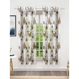Bedspun White & Brown 2 Pieces Floral Sheer Window Curtains-picture-25