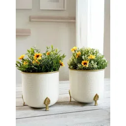BEHOMA Home Collection White Metal Textured Rim Leaf Leg Planter - Set of 2-picture-25