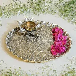 BEHOMA Metal Lotus Tray with Tea-Light Holder for Home Decor || Round Pooja Thali for Temple, Center Table Decoration, Festival || Gold, Large 1 PC, Dia: 25.5Cm.-image-42