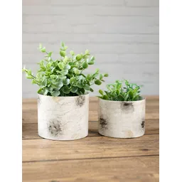 BEHOMA Off White & Grey 2 Pcs Abstract Printed Marble Finish Cylinder Shape Metal Planters-picture-18