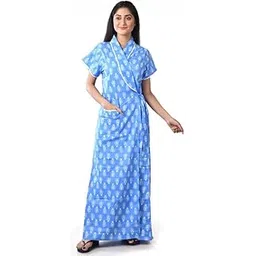 being beauty Women’s Cotton Housecoat – Maternity Gown, Nighty, Robe for Women - (White & Blue)-picture-20