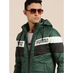 Being Human Men Dark Green Striped Hooded Padded Jacket with Brand Logo Detail-picture-11