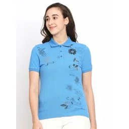Being Human Women Blue Printed Regular Fit Polo Collar Cotton T-shirt-picture-11