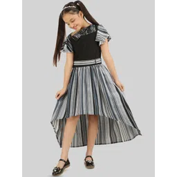 BEING NAUGHTY Striped Crepe Black Fit & Flare Kids-Girls High Low Midi Dress-picture-14