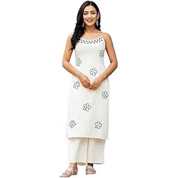 Off-White Kurta Set for Women | Khadi Cotton Fabric | Strapy Sleeve | Straight kurta pant Coord Set with Mirror Work and Floral Print-image-6