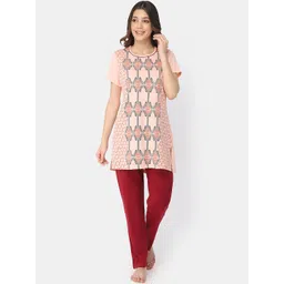 Bell Paper Women Peach-Coloured & Maroon Printed Night suit-picture-24