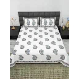 BELLA CASA Ethnic Collection Teal Cotton 180 TC King Bedsheet with 2 Pillow Covers-picture-44