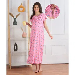 Bella Mama 100% Cotton Half Sleeves Birds Printed Concealed Zipper Nursing Nighty - Pink-picture-11