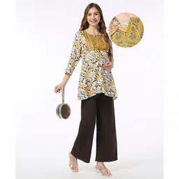 Bella Mama 100% Viscose Woven Embroidered Yoke  Three Fourth Sleeves Maternity Top with Pocket Floral Print - White-picture-19