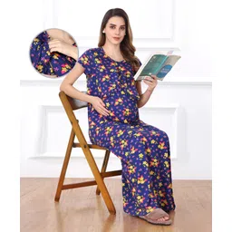 Bella Mama Cotton Knit Half Sleeves Concealed Zipper Floral Printed Nighty - Royal Blue-picture-25