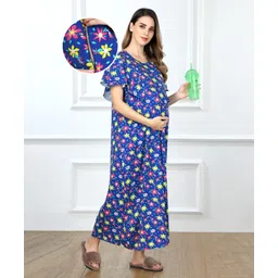 Bella Mama Cotton Knit Half Sleeves Maternity & Nursing Nighty Floral Print - Blue-picture-20