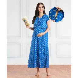 Bella Mama Cotton Knit Half Sleeves Maternity & Nursing Nighty Floral Print - Blue-picture-21