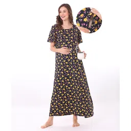 Bella Mama Cotton Knit Half Sleeves Maternity Nursing Nighty with Concealed Zipper Floral Print - Black-picture-13
