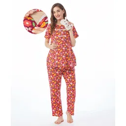 Bella Mama Cotton Knit Half Sleeves Nursing Night Suit Floral Print - Wine-picture-19