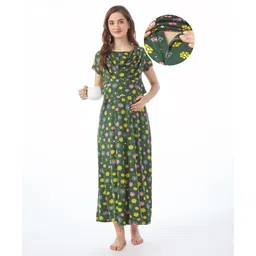 Bella Mama Cotton Knit Half Sleeves Nursing Nighty Floral Print - Green-picture-15