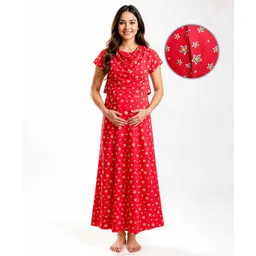 Bella Mama Cotton Knit Half Sleeves Nursing Nighty Star Print - Red-picture-17