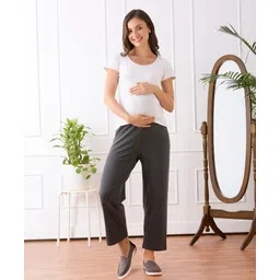 Bella Mama Cotton Lycra Knit Full Length Solid Maternity High Coverage Pant - Grey-picture-20