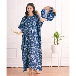 Bella Mama Cotton Woven Half Sleeves Maternity Kaftan Nursing Nighty With Floral Print - Blue-picture-38