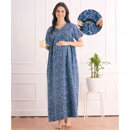 Bella Mama Cotton Woven Half Sleeves Maternity Kaftan Nursing Nighty With Floral Print - Blue-picture-35