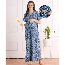 Bella Mama Cotton Woven Half Sleeves Maternity Kaftan Nursing Nighty With Floral Print - Blue-picture-39