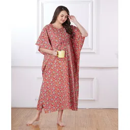 Bella Mama Cotton Woven Half Sleeves Maternity Kaftan Nursing Nighty with Floral Print - Red-picture-36