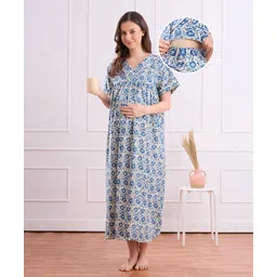 Bella Mama Cotton Woven Half Sleeves Maternity Nursing Nighty With Floral Print - Blue-picture-34