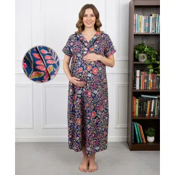 Bella Mama Cotton Woven Half Sleeves Maternity Nursing Nighty With Floral Print - Blue-picture-33