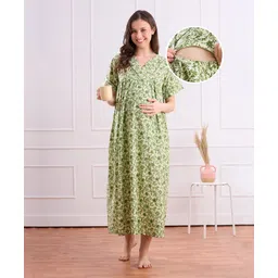 Bella Mama Cotton Woven Half Sleeves Maternity Nursing Nighty with Floral Print - Green-picture-27