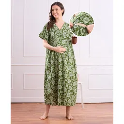 Bella Mama Cotton Woven Half Sleeves Maternity Nursing Nighty with Floral Print - Green-picture-29
