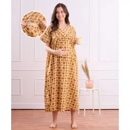 Bella Mama Cotton Woven Half Sleeves Maternity Nursing Nighty with Floral Print - Mustard-picture-30
