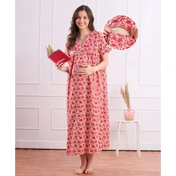 Bella Mama Cotton Woven Half Sleeves Maternity Nursing Nighty with Floral Print - Red-picture-32