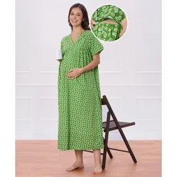 Bella Mama Cotton Woven Half Sleeves Printed Nursing Nighty - Green-picture-23