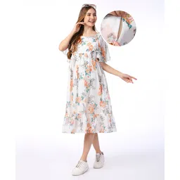 Bella Mama Floral Print Georgette Flutter Sleeves Maternity Dress with Side Pockets - White-picture-26