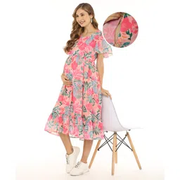 Bella Mama Flutter Sleeves Floral Printed Maternity Dress with Pocket - Pink-picture-13