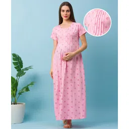 Bella Mama Half Sleeves Maternity & Nursing Nighty Floral Print - Pink-picture-15