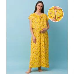 Bella Mama Half Sleeves Maternity & Nursing Nighty Floral Print - Yellow-picture-12