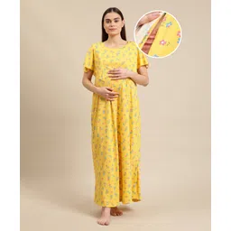 Bella Mama Half Sleeves Maternity & Nursing Nighty Floral Print - Yellow-picture-13